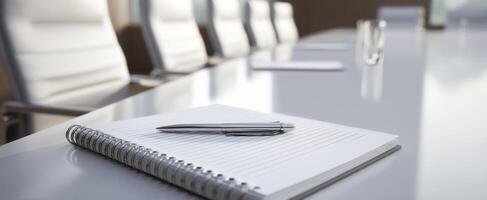 The sleek notebook and pen on a polished conference table in a modern office. photo