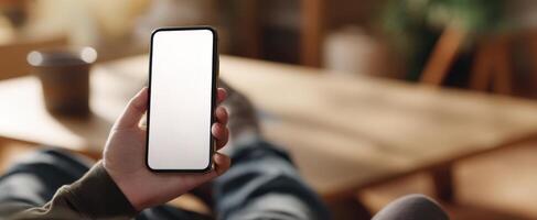 The smartphone held by a relaxed person in a cozy indoor setting. photo