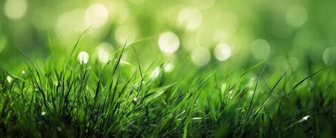 The vibrant green grass with soft bokeh illuminating its natural beauty. photo