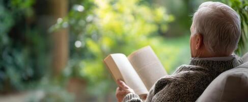 The elderly man enjoying a peaceful moment reading a book in nature. photo
