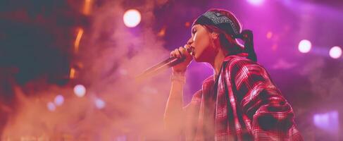 The vibrant singer captivating the audience during a live concert performance. photo
