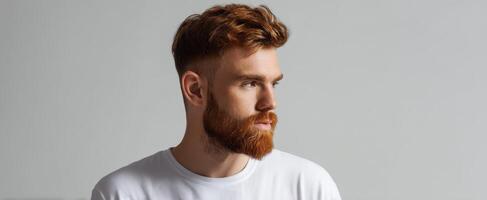 The handsome man with a stylish beard and modern hairstyle in profile. photo