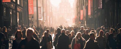 The bustling street filled with people enjoying a sunny urban afternoon. photo