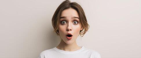 The woman expressing surprise and astonishment with an open mouth. photo