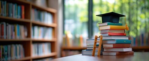 The stack of books topped with a graduation cap in a library setting. photo