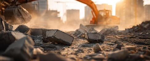The excavator working on a demolition site at sunset amidst dust and rubble. photo