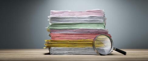 The stack of colorful documents examined with a magnifying glass. photo