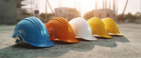 The vibrant array of construction helmets ready for work at a job site. photo