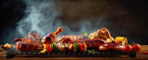 The tantalizing assortment of barbecued meats and grilled vegetables on a smoke-filled grill. photo
