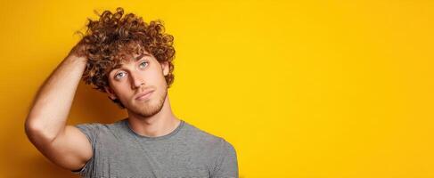 The young man with curly hair poses thoughtfully against a yellow background. photo