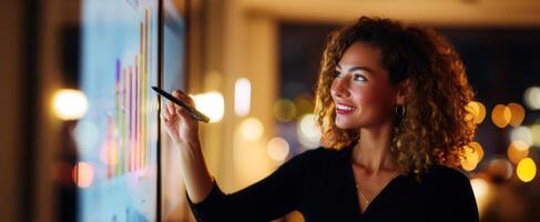 The woman engaging with data on a digital touchscreen in a modern office setting. photo