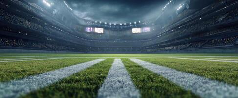 The empty stadium with grass field under dramatic lighting and modern design. photo