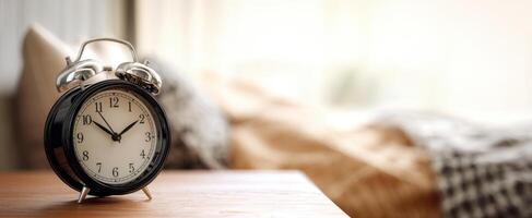 The vintage alarm clock on a bedside table in a cozy bedroom setting. photo