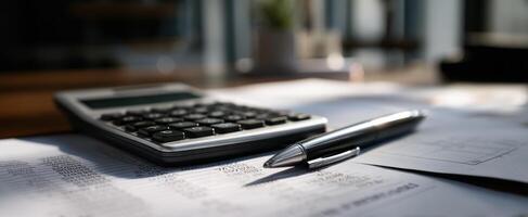 The calculator and pen on organized financial documents in an office setting. photo