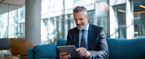 The businessman using a tablet in a modern office environment. photo