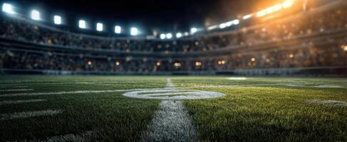 The vibrant football field illuminated by stadium lights during a thrilling night game. photo