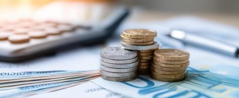 The coins stacked on euro notes with a calculator and pen nearby. photo