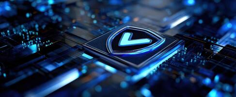 The blue illuminated logo on a futuristic digital circuit background. photo