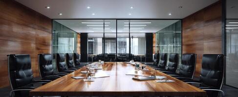 The modern boardroom featuring a sleek wooden table and stylish seating. photo