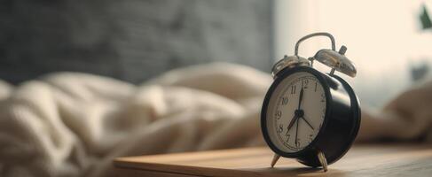 The Classic Alarm Clock on a Wooden Nightstand in a Cozy Bedroom photo