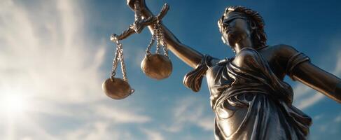 The statue of Lady Justice holding scales against a bright sky backdrop. photo
