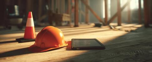 The orange hardhat and tablet on the construction site floor. photo