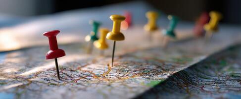 The colorful push pins marking important locations on a detailed map. photo