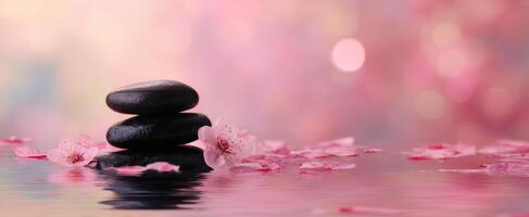 The serene stack of stones surrounded by cherry blossoms and calm waters. photo