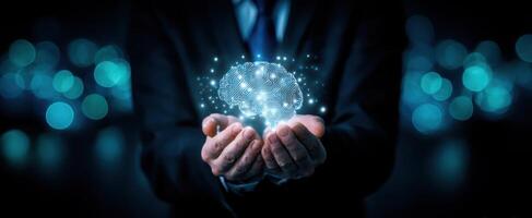 The Digital Brain Represented in Hands with Abstract Light Effects photo