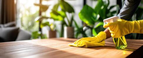 The person cleaning a wooden table with vibrant plants in a bright room. photo