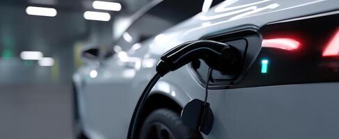 The sleek electric car charging in a modern urban garage setting. photo