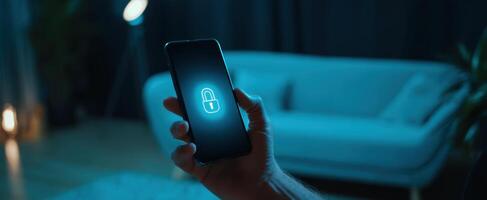 The smartphone displaying a digital lock icon in a cozy, dimly lit room. photo