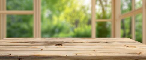 The Wooden Table with a Beautiful Nature Background in Soft Focus photo