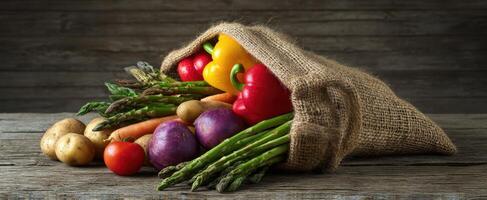 The vibrant assortment of fresh vegetables spilling from a burlap sack photo
