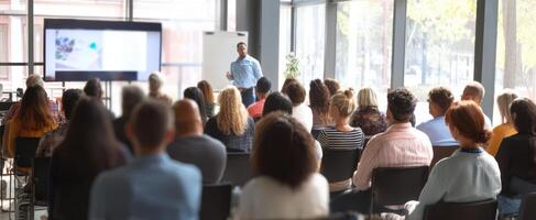 The speaker engaging an attentive audience during a business presentation session. photo