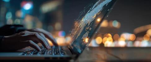 The laptop displaying a world map in a vibrant urban night scene. photo