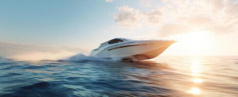 The sleek boat gliding across the calm ocean at sunset. photo