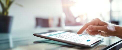 The modern tablet showcasing user interaction in a stylish office environment. photo