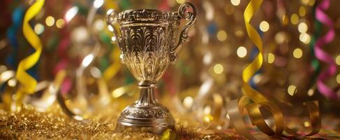 The ornate trophy gleaming amidst a festive celebration backdrop. photo