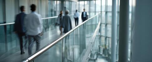 The professionals walking through a modern glass corridor in an office environment. photo