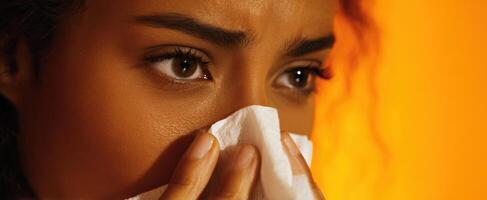 The woman holding a tissue conveys deep emotions in a warm setting. photo