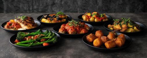 The delicious assortment of gourmet dishes beautifully arranged on black plates. photo