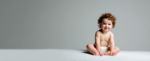 The adorable baby sitting on a soft surface with a joyful expression. photo