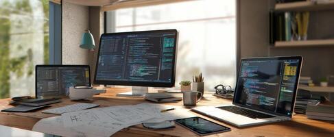 The modern workspace featuring multiple screens for coding and design activities. photo
