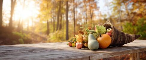 The cornucopia overflowing with autumn fruits and vegetables on a rustic table. photo