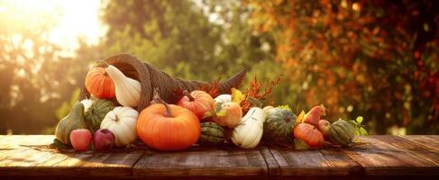 The cornucopia overflowing with vibrant autumn vegetables and pumpkins. photo