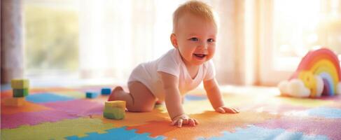 The joyful baby crawling on a colorful play mat in bright sunlight. photo