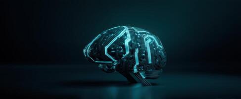 The futuristic brain with circuit design in glowing neon colors. photo