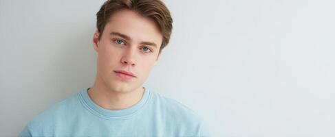 The young man with a contemplative expression in a casual setting. photo