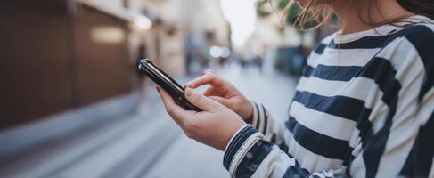 The smartphone interaction of a young woman in a stylish urban setting. photo